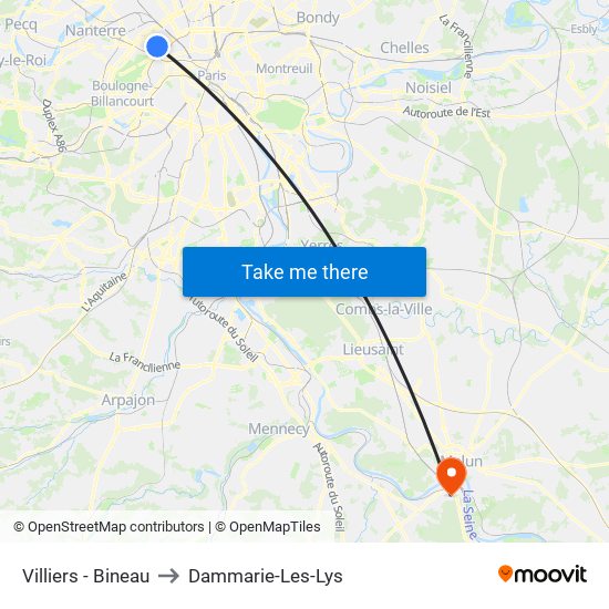 Villiers - Bineau to Dammarie-Les-Lys map