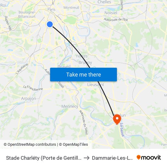Stade Charléty (Porte de Gentilly) to Dammarie-Les-Lys map