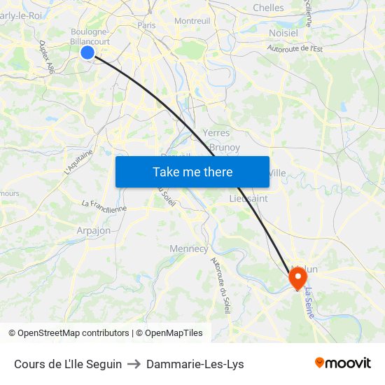 Cours de L'Ile Seguin to Dammarie-Les-Lys map