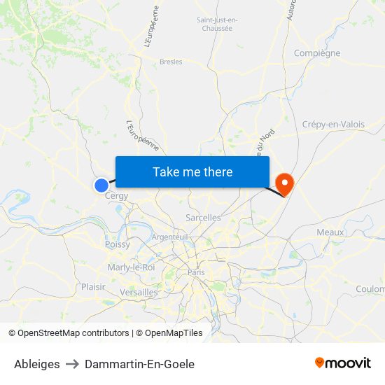 Ableiges to Dammartin-En-Goele map