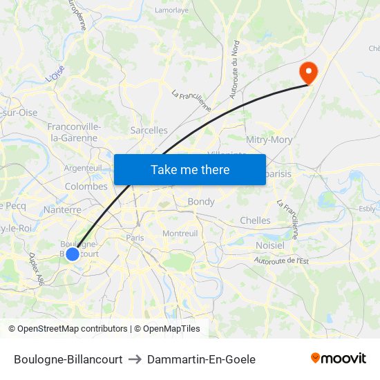 Boulogne-Billancourt to Dammartin-En-Goele map