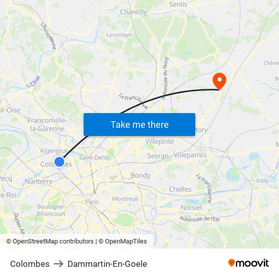 Colombes to Dammartin-En-Goele map