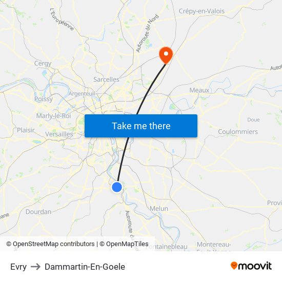 Evry to Dammartin-En-Goele map