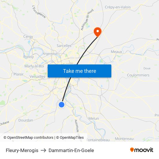 Fleury-Merogis to Dammartin-En-Goele map