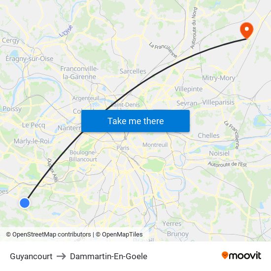 Guyancourt to Dammartin-En-Goele map