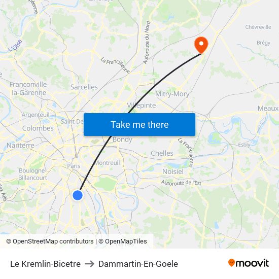 Le Kremlin-Bicetre to Dammartin-En-Goele map