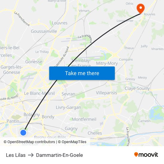 Les Lilas to Dammartin-En-Goele map