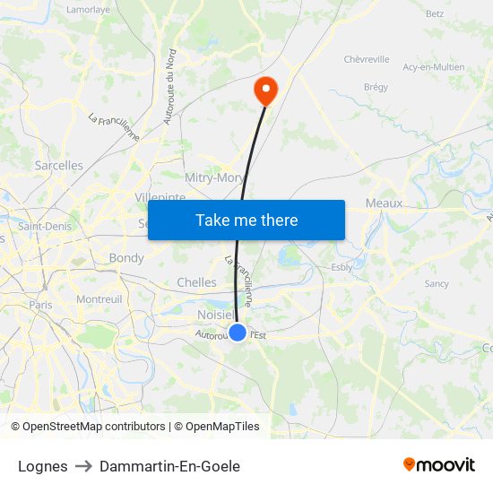 Lognes to Dammartin-En-Goele map