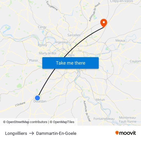 Longvilliers to Dammartin-En-Goele map