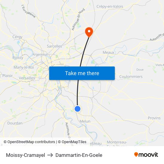 Moissy-Cramayel to Dammartin-En-Goele map