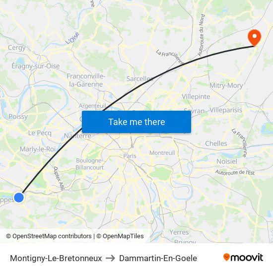 Montigny-Le-Bretonneux to Dammartin-En-Goele map