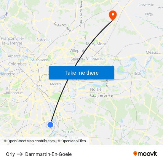 Orly to Dammartin-En-Goele map