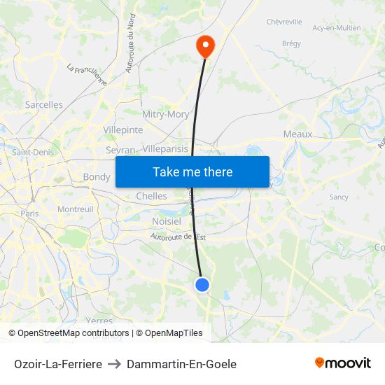 Ozoir-La-Ferriere to Dammartin-En-Goele map