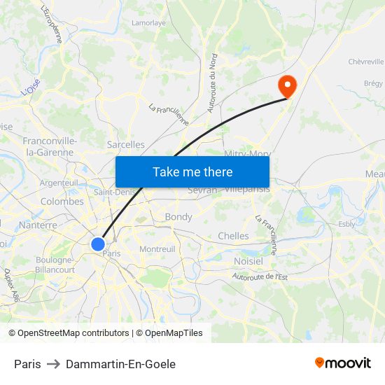 Paris to Dammartin-En-Goele map