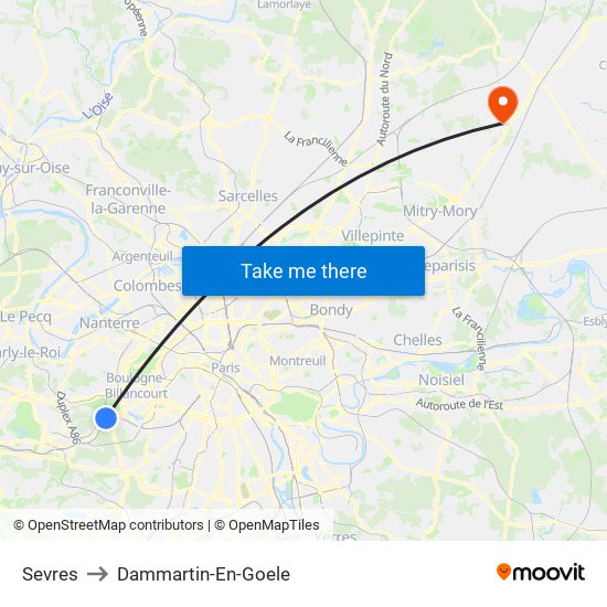 Sevres to Dammartin-En-Goele map