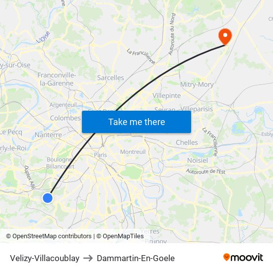 Velizy-Villacoublay to Dammartin-En-Goele map