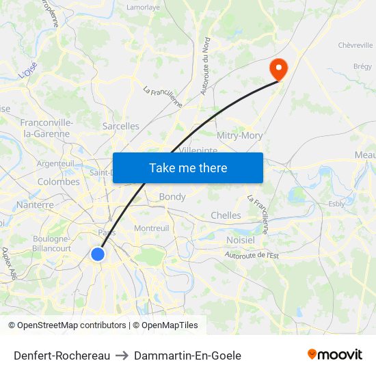 Denfert-Rochereau to Dammartin-En-Goele map