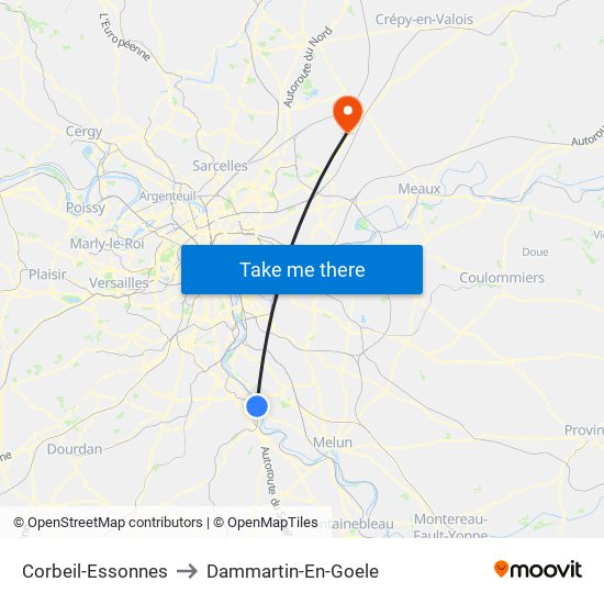 Corbeil-Essonnes to Dammartin-En-Goele map