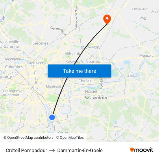 Créteil Pompadour to Dammartin-En-Goele map