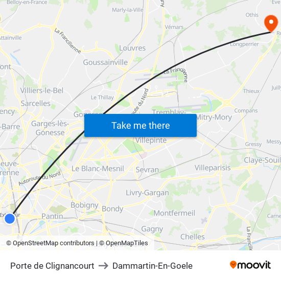 Porte de Clignancourt to Dammartin-En-Goele map