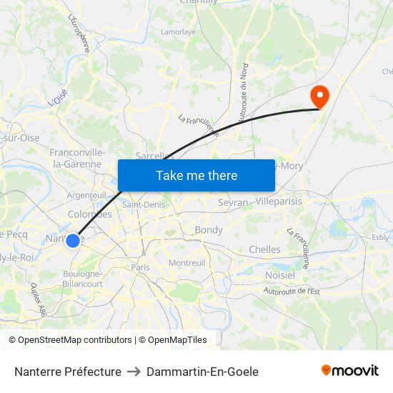 Nanterre Préfecture to Dammartin-En-Goele map