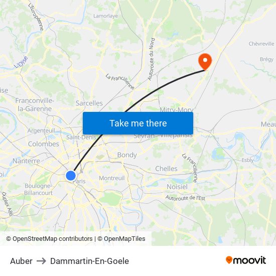 Auber to Dammartin-En-Goele map