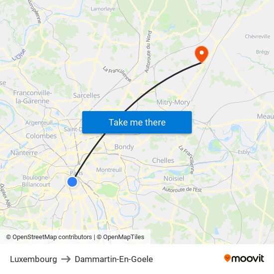 Luxembourg to Dammartin-En-Goele map
