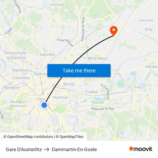 Gare D'Austerlitz to Dammartin-En-Goele map