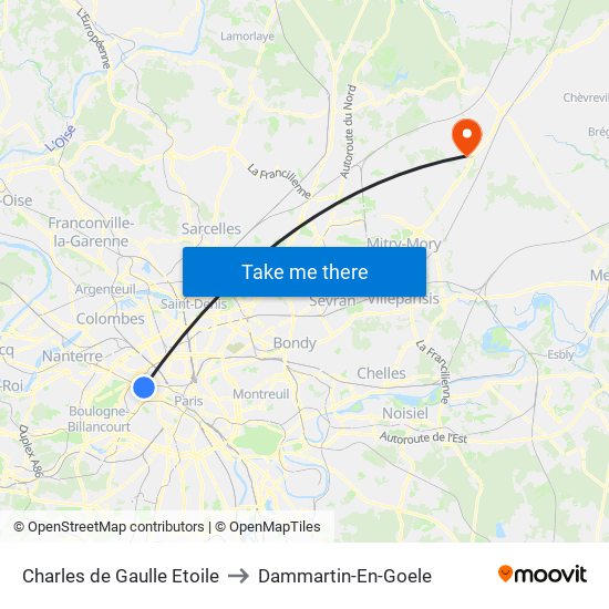 Charles de Gaulle Etoile to Dammartin-En-Goele map