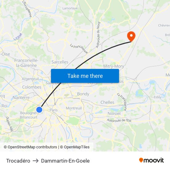 Trocadéro to Dammartin-En-Goele map