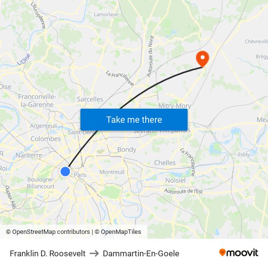 Franklin D. Roosevelt to Dammartin-En-Goele map