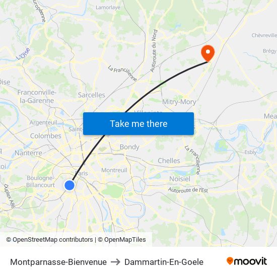 Montparnasse-Bienvenue to Dammartin-En-Goele map