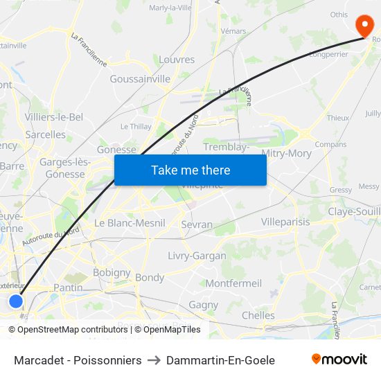 Marcadet - Poissonniers to Dammartin-En-Goele map