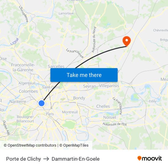 Porte de Clichy to Dammartin-En-Goele map