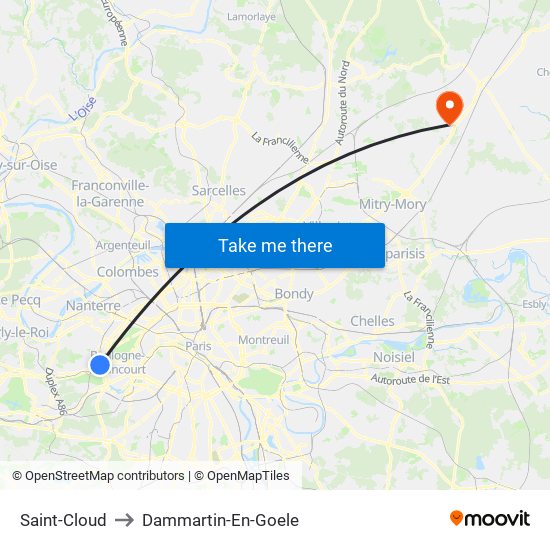 Saint-Cloud to Dammartin-En-Goele map