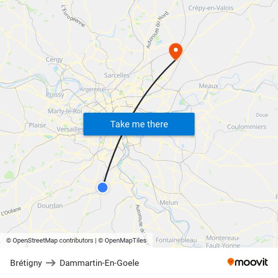 Brétigny to Dammartin-En-Goele map