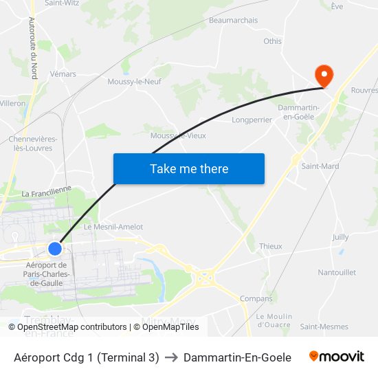 Aéroport Cdg 1 (Terminal 3) to Dammartin-En-Goele map