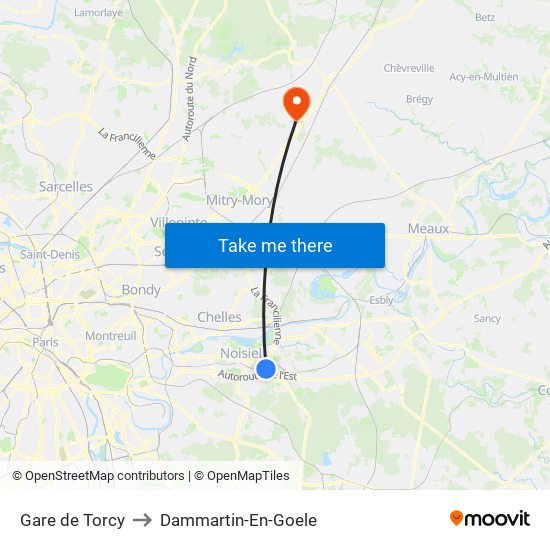 Gare de Torcy to Dammartin-En-Goele map