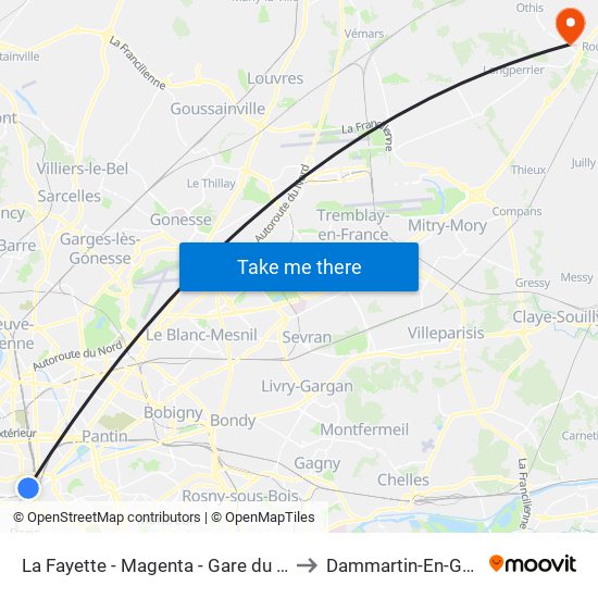 La Fayette - Magenta - Gare du Nord to Dammartin-En-Goele map