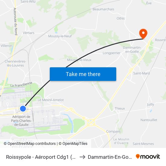 Roissypole - Aéroport Cdg1 (E2) to Dammartin-En-Goele map