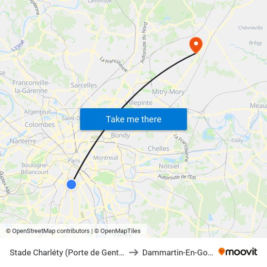 Stade Charléty (Porte de Gentilly) to Dammartin-En-Goele map
