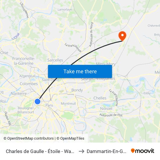 Charles de Gaulle - Étoile - Wagram to Dammartin-En-Goele map
