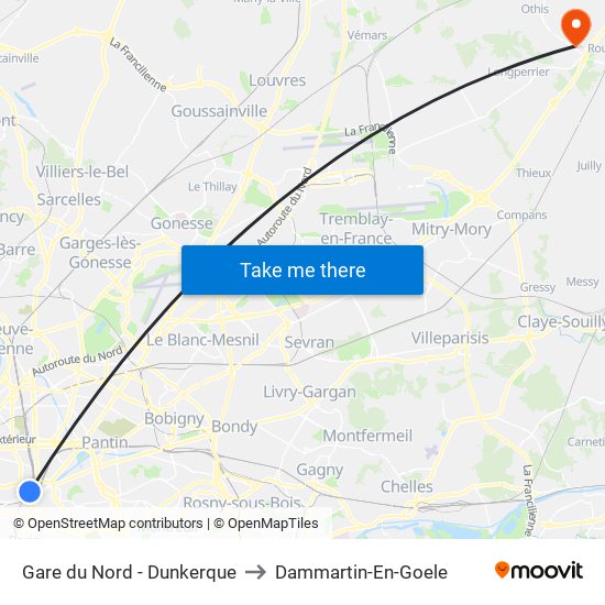 Gare du Nord - Dunkerque to Dammartin-En-Goele map