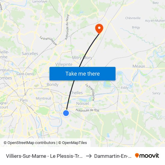 Villiers-Sur-Marne - Le Plessis-Trévise RER to Dammartin-En-Goele map