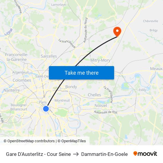 Gare D'Austerlitz - Cour Seine to Dammartin-En-Goele map