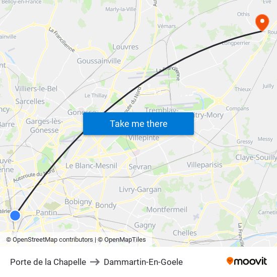 Porte de la Chapelle to Dammartin-En-Goele map