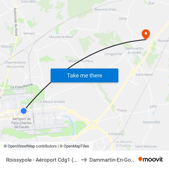 Roissypole - Aéroport Cdg1 (D1) to Dammartin-En-Goele map