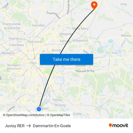 Juvisy RER to Dammartin-En-Goele map