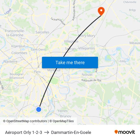 Aéroport Orly 1-2-3 to Dammartin-En-Goele map