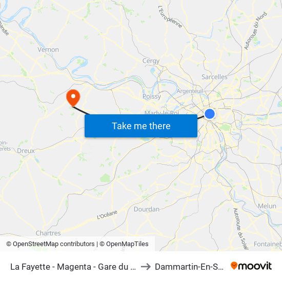 La Fayette - Magenta - Gare du Nord to Dammartin-En-Serve map